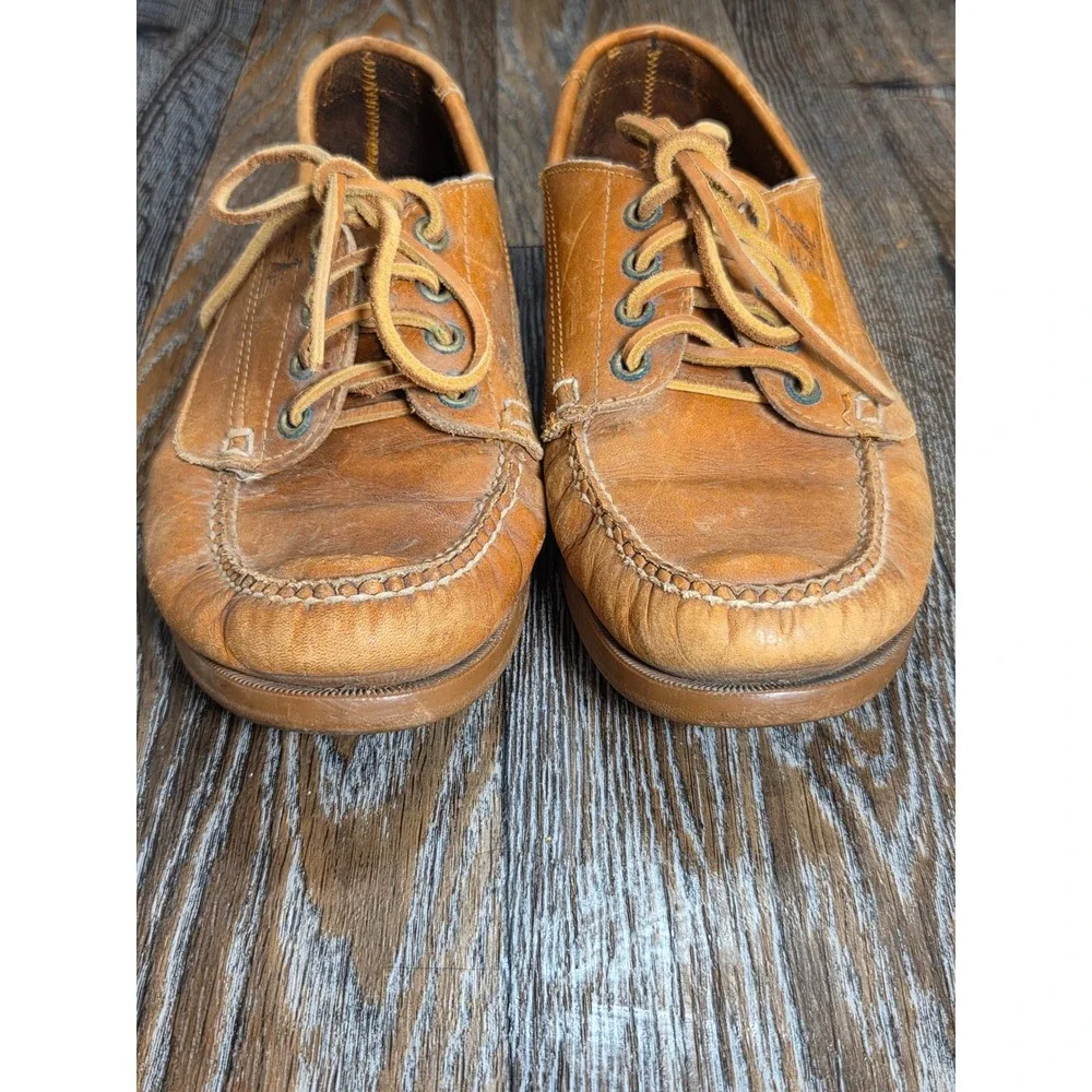 Vintage Barclay Tan Leather Boat Shoes Mens 9.5 D Hand Sewn Moc Toe Loafers